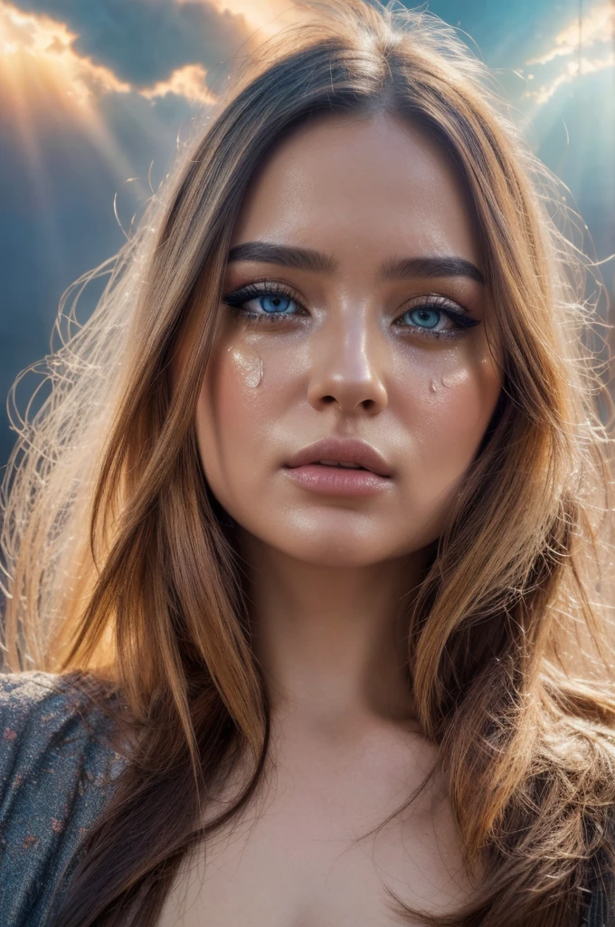 a crying girl in a tragical world, beautiful detailed eyes,beautiful detailed lips,extremely detailed eyes and face,longeyelashes, 1girl, oil painting, fantasy, dramatic lighting, dramatic colors, dramatic sky, dramatic clouds, dramatic sun, dramatic landscape, glowing sun, sun rays, warm lighting, warm colors, vibrant colors, ethereal, mystical, cinematic, (best quality,4k,8k,highres,masterpiece:1.2),ultra-detailed,(realistic,photorealistic,photo-realistic:1.37)