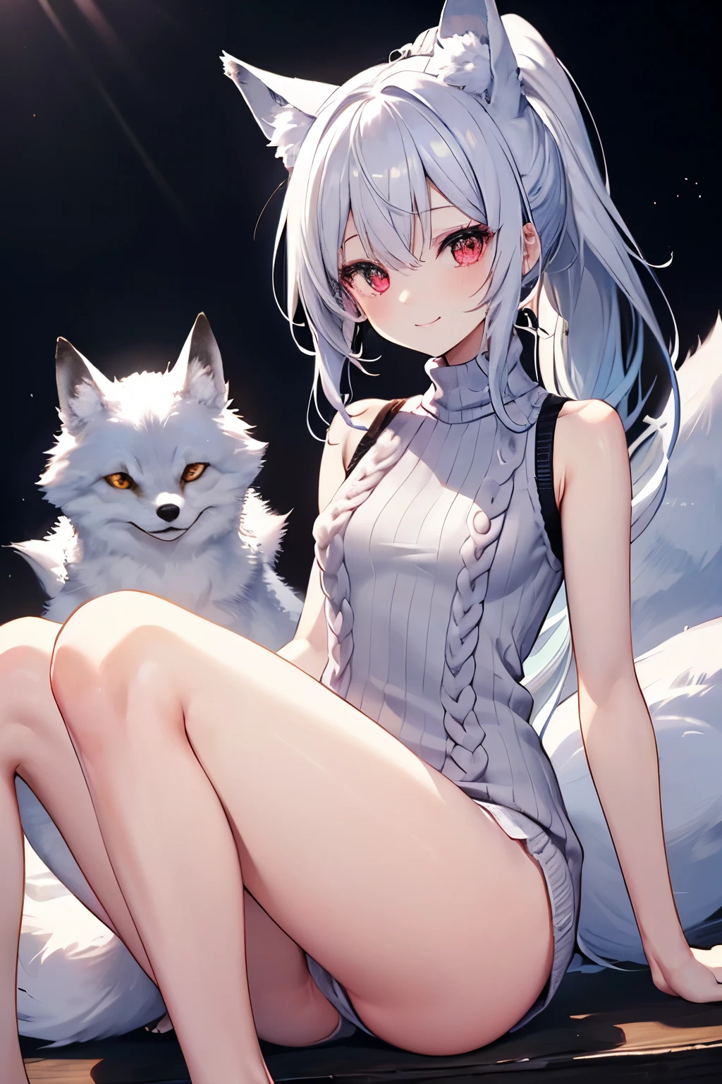 Silver Hair、Red Eye、Fox Ears、girl、Small breasts、ponytail、girl、Small breasts、Lolita、Bright smile、Looks about 15 years old、Petan Musume、short、目のhighlight、Sexy thighs、(Long, high-necked, sleeveless sweater:1.3)、Your eyes are so beautiful、highlight