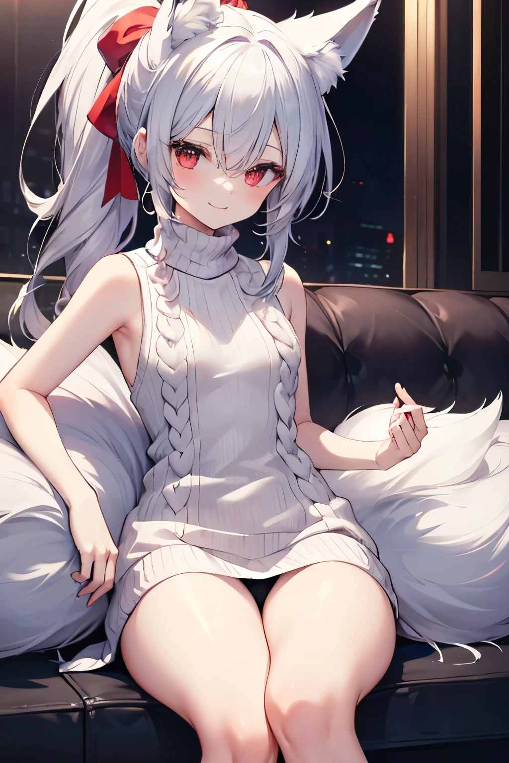 Silver Hair、Red Eye、Fox Ears、girl、Small breasts、ponytail、girl、Small breasts、ta、Bright smile、Looks about 15 yd、Petan Musume、short、目のhighlight、Sexy thighs、(Long, high-necked, sleeveless sweater:1.3)、Your eye so beautiful、highlight