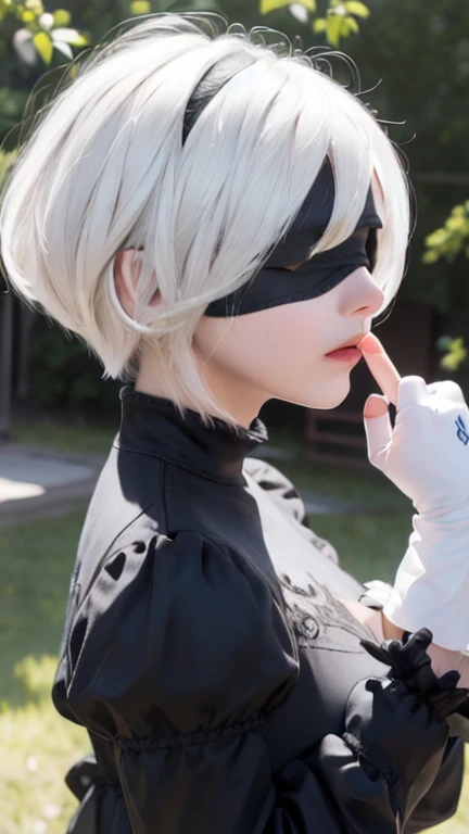 (masterpiece, best quality, detailed:1.4), 2B Nier Automata, 1girl, yorha no. 2 type b, solo, bob cut, white hair, parted lips, lips, lifelike, long sleeves, juliet sleeves, white gloves, turtleneck, bangs, feather trim, feather-trimmed sleeves, blindfold, standing, from behind, black goth dress, outdoors, post-apocalypse, day 