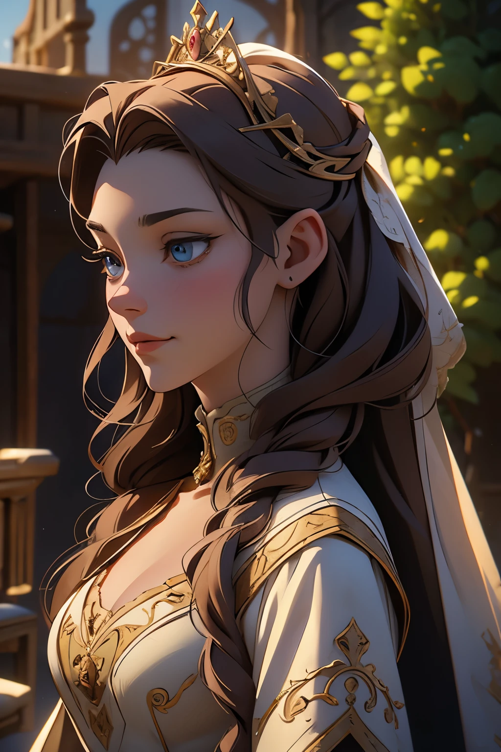 solo, medieval character concept art, ((masterpiece)),((high resolution)),((best quality)), extremely fine and beautiful, super fine illustration, (realistic skin), (insanely detailed anime eyes), mature, vivid and beautiful, shocking sensation, incredibly detailed, beautiful detailed girl, sly smile, (small—medium supple breasts:1.0), distant front view, facing at viewer, (long cotton dress:1.0) ((brown hair)), (very long braided hair), (plump thighs:0.6), (wide hips:0.6), movie lighting, weighted shadows, weighted hair, realistic physics, perfect shadow, realistic lighting shaded, medieval garden wedding scenery