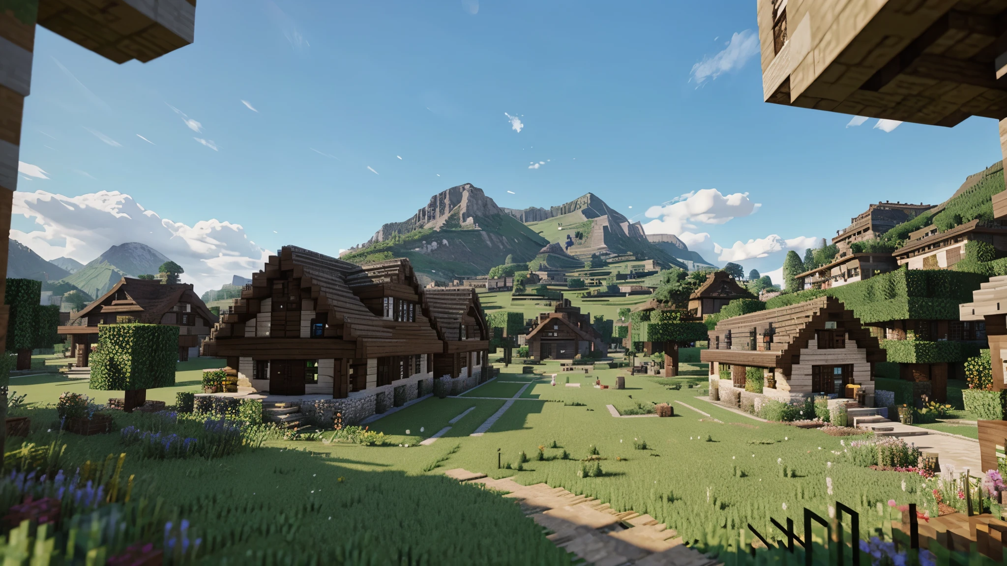 minecraft village landscape on a sunny warm day with realistic textures and good mood
