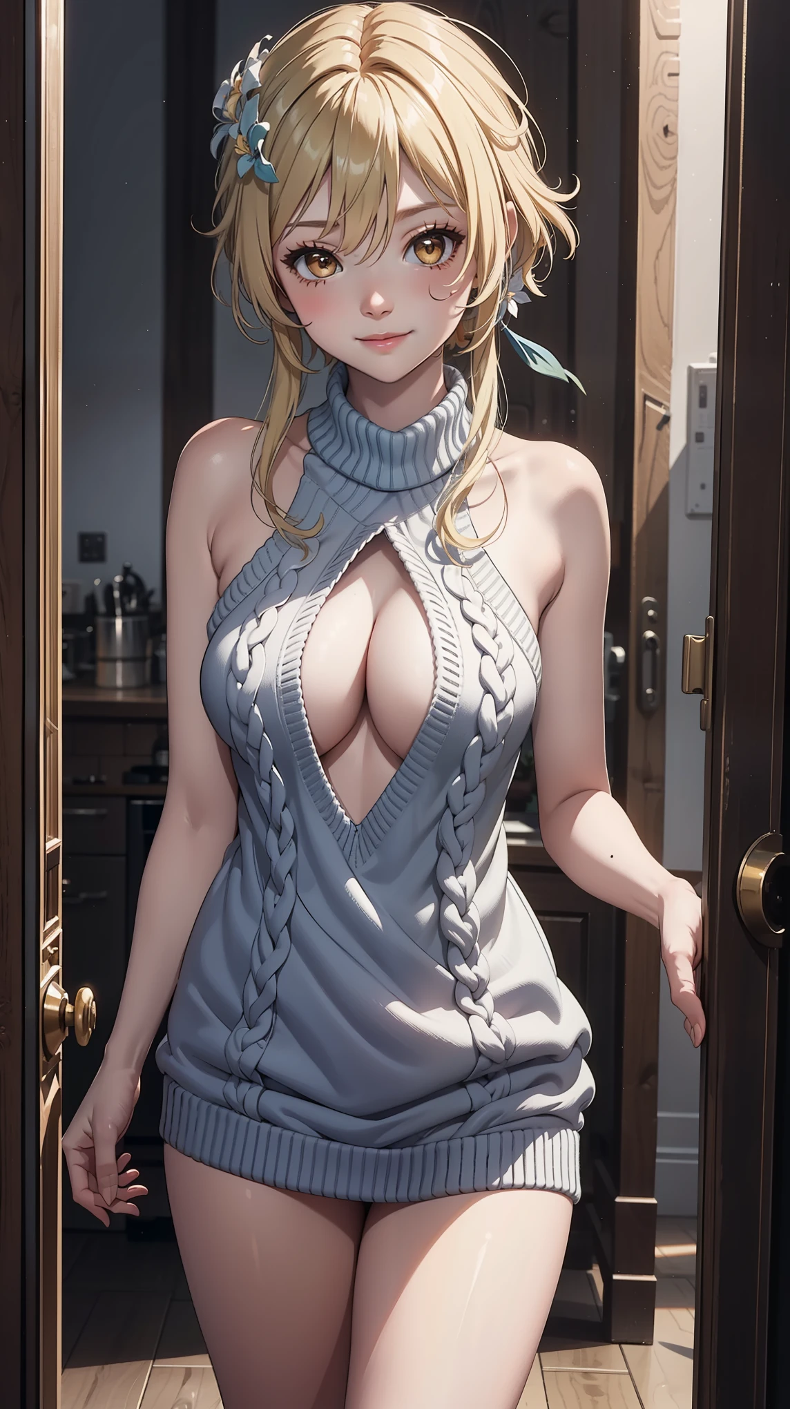 (Luminernd), masterpiece, narrow waist,large breast, blush, official art, indoor, detail eyes, cg, smile, white virgin killer sweater, standing,