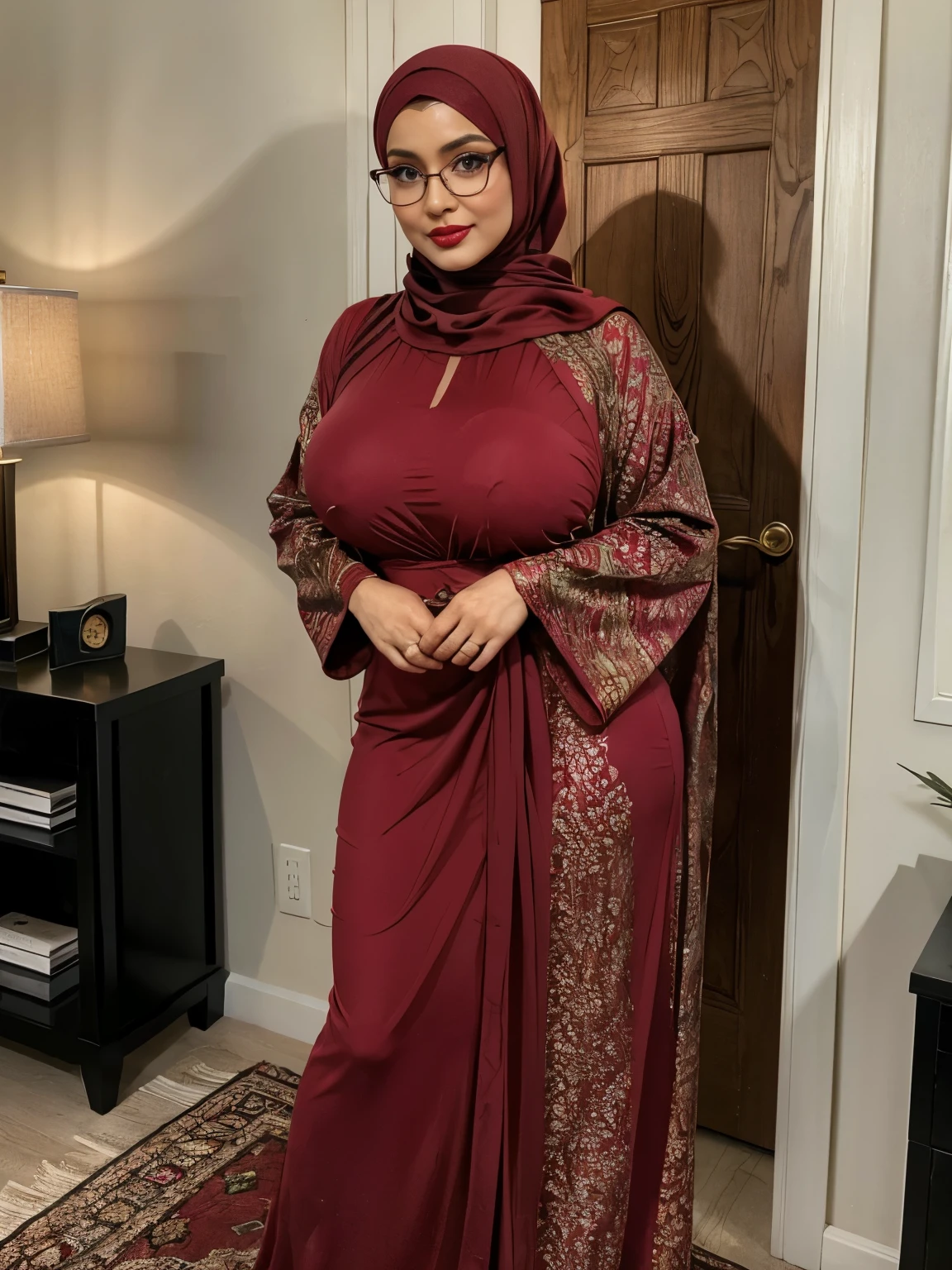 (double exposure), (full body photo), in a cozy living room, A gorgeous matured teacher stood next to a sofa,((35 year old)), ((malay women)), slightly curvy fit body shape, bigger ass, giga_busty, huge thighs, wearing ((fitted abaya muslim long dress)), ((hijab)), smirk on camera, indoor,door,islamic style,arabic calyraphy,wall,,  pov, solo, single,  (SFW), texture, ultra high res, RAW, instagram LUT, masterpiece, best quality, ultra-detailed, ultra high resolution, RAW, 4k, (looking at viewer), extremely detailed eyes and face, (beautiful detailed nose), (beautiful detailed thigh), (beautiful detailed eyes), perfect body proportion, (looking at the camera),smirk, red lips, (she wear square glasses)