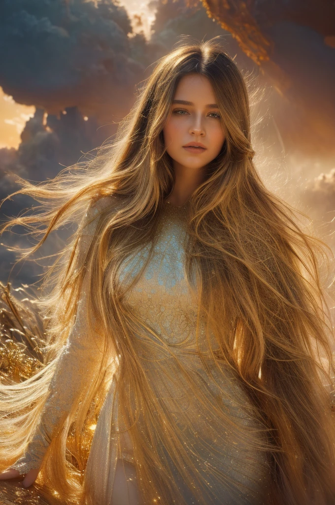 a tragically beautiful girl, long flowing hair, ethereal glowing skin, eyes full of sorrow, elegant flowing dress, standing in a fantastical landscape, sunlight streaming through clouds, warm golden radiant light, dreamlike atmosphere, highly detailed, intricate, cinematic, dramatic, emotional, photorealistic, award-winning digital art