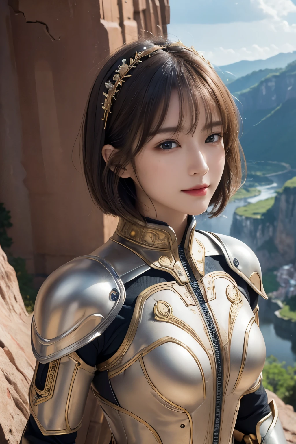 Ultra-high resolution、(Real:1.4)、One beautiful woman、Beautifully detailed eyes and skin、Light brown short hair、A Little Smile、Small Bust、Intricately decorated mechanical space suit、Impressive pose、Remains of a huge structure、Valley、cliff、Cloudy、evening、light rain、flood、
