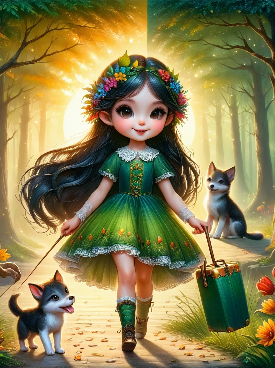 1hbgd1, 1girl, (Elf Magician:1.5)，Magic energy gathers in the palm of your hand, Autumn braids and cape flying in the wind, The delicate leaf-shaped armor shimmers in the mysterious forest mist behind her, A wolf stood firmly beside her, Prepare for an adventure, Dynamic fantasy scenery, Radiant lighting, (The work should transition from the black and white pencil drawing style on the left half to the bright colors on the right half, ensuring that the two halves blend seamlessly without any dividing lines. Shown with detailed black and white pencil strokes on the left and filled color on the right, creating a harmonious blend throughout the image)