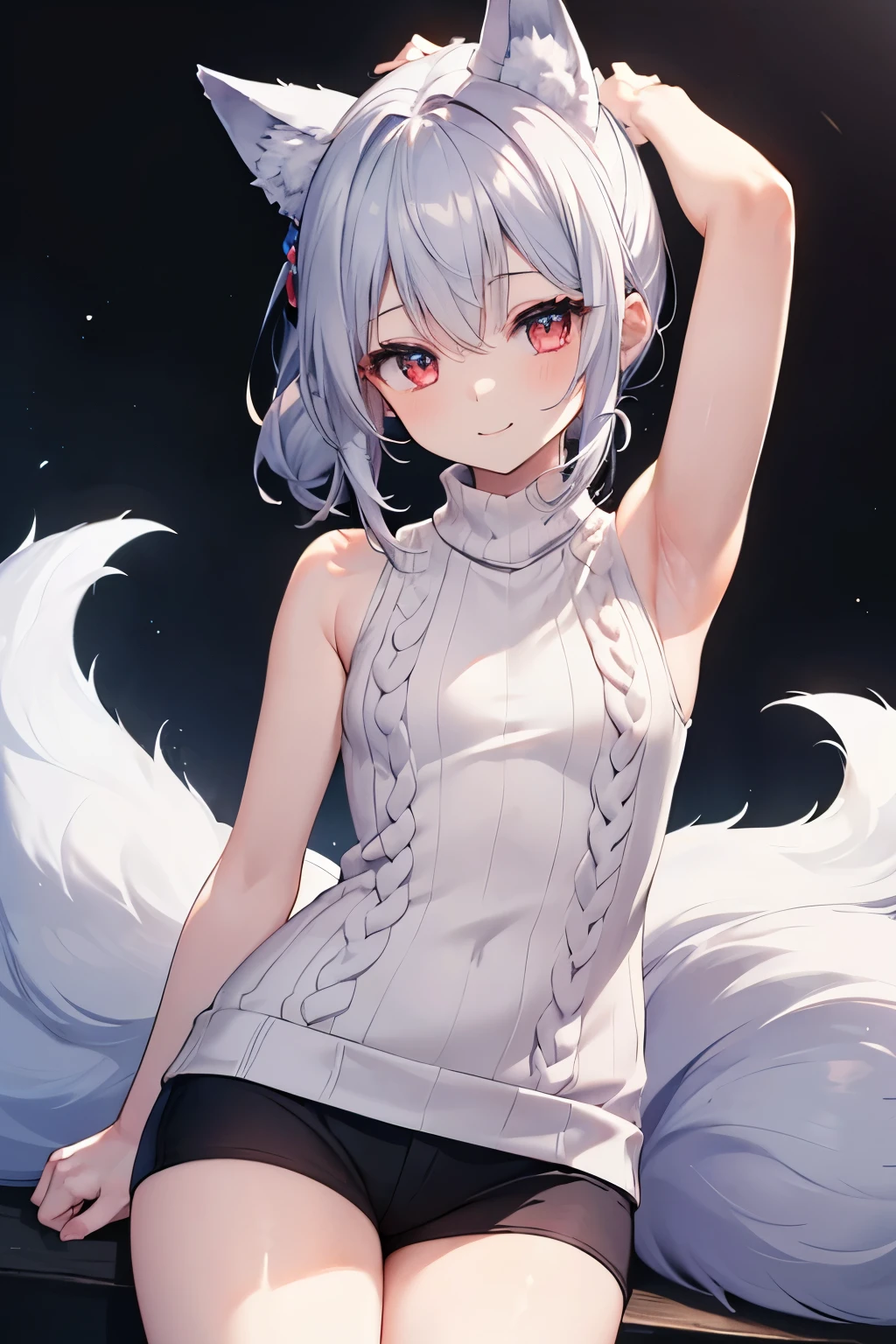 Silver Hair、Red Eye、Fox Ears、girl、Small breasts、ponytail、girl、Small breasts、Lolita、Bright smile、Looks about 15 years old、Petan Musume、short、目のhighlight、Sexy thighs、(Long, high-necked, sleeveless sweater:1.3)、Showing armpits、Your eyes are so beautiful、highlight