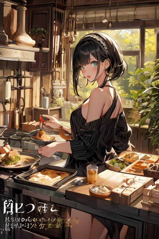 (small breasts:1.3), (perky chest:1.1), (pointed chest:1.0), (Pudding cake magazine cover:1.3)，(from above:1.0),(from side:0.9),masterpiece, 1girl, Amazing Cleavage:1.1, thin waist, big ass, Raised sexy, small breast: 1.3, posed cleavage:1.2、solo, looking at viewer, open mouth, have a cute grass of cute beergrass,black hair, dark green eyes, dress, bare shoulders, jewelry, collarbone, sidelocks, hairband, earrings, indoors, off shoulder, :o, sweater, arms behind back, plant, short hair with long locks, gild hairband, off-shoulder dress, sweater dress, off-shoulder sweater, red sweater, dark gord hair, big side hair, very long side hair,is rendered in (masterpiece: 1.2, best quality), with (ultra high resolution) and an exquisite (depth of field). This masterpiece is not only visually stunning but also tells,A scene of cooking in the kitchen by classroom
