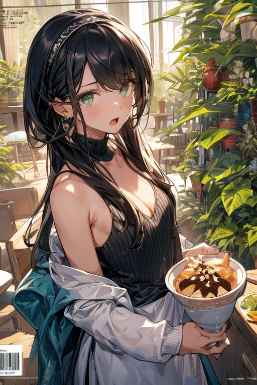 (small breasts:1.3), (perky chest:1.1), (pointed chest:1.0), (Pudding cake magazine cover:1.3),(from above:1.0),(from side:0.9),masterpiece, 1girl, Amazing Cleavage:1.1, thin waist, big ass, Raised sexy, small breast: 1.3, posed cleavage:1.2、solo, looking at viewer, open mouth, have a cute grass of cute beergrass,black hair, dark green eyes, dress, bare shoulders, jewelry, collarbone, sidelocks, hairband, earrings, indoors, off shoulder, :o, sweater, arms behind back, plant, short hair with long locks, gild hairband, off-shoulder dress, sweater dress, off-shoulder sweater, red sweater, dark gord hair, big side hair, very long side hair,is rendered in (masterpiece: 1.2, best quality), with (ultra high resolution) and an exquisite (depth of field). This masterpiece is not only visually stunning but also tells,A scene of cooking in the kitchen by classroom