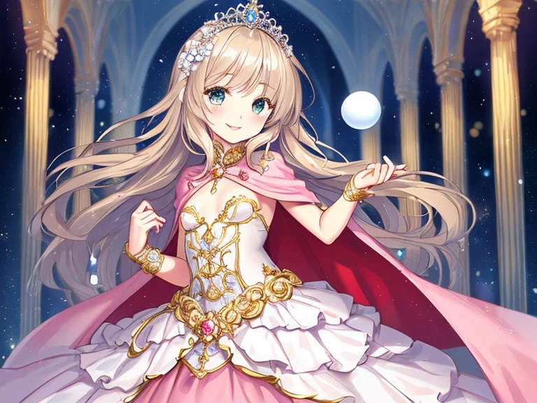 (kawaii),(best quality),(ultra detailed),(rococo style),(long train pastel pink cape:1.15), very long cape,(long train white ball gown with flower decorations:1.1), a girl is wearing a cape over her gown, 1 little princess, tiara, smile, very long hair, small breasts, beautiful detailed eyes, beautiful detailed lips, looking at viewer