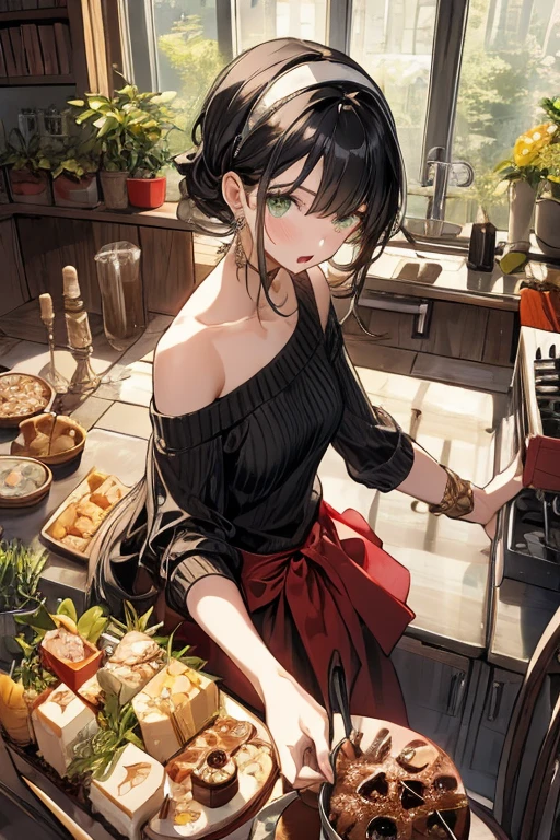 (small breasts:1.3), (perky chest:1.1), (pointed chest:1.0), (Pudding cake magazine cover:1.3)，(from above:1.0),(from side:0.9),masterpiece, 1girl, Amazing Cleavage:1.1, thin waist, big ass, Raised sexy, small breast: 1.3, posed cleavage:1.2、solo, looking at viewer, open mouth, have a cute grass of cute beergrass,black hair, dark green eyes, dress, bare shoulders, jewelry, collarbone, sidelocks, hairband, earrings, indoors, off shoulder, :o, sweater, arms behind back, plant, short hair with long locks, gild hairband, off-shoulder dress, sweater dress, off-shoulder sweater, red sweater, dark gord hair, big side hair, very long side hair,is rendered in (masterpiece: 1.2, best quality), with (ultra high resolution) and an exquisite (depth of field). This masterpiece is not only visually stunning but also tells,A scene of cooking in the kitchen by classroom

