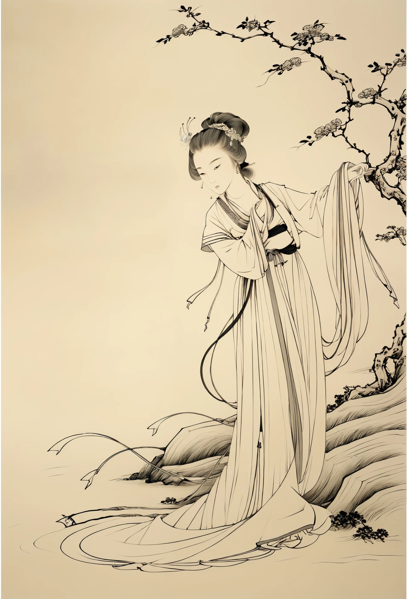 hanfu,line drawing,monochrome,masterpiece, best quality,