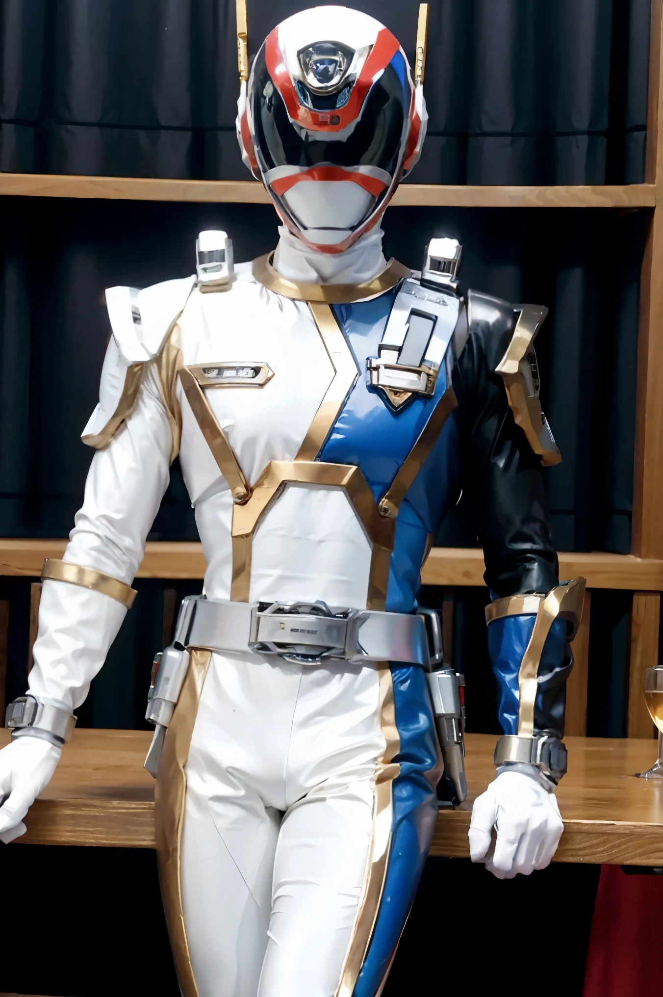 Fantasy background, cafe rpg style, empty chair, table, set of tea glass, (power rangers)), One guy、, ((white ranger suit)), red and blue chest armor with gold details, costume, Solo, ((fit figure)), (Anatomically correct), Cowboy shot, masked face, guns, muscular build