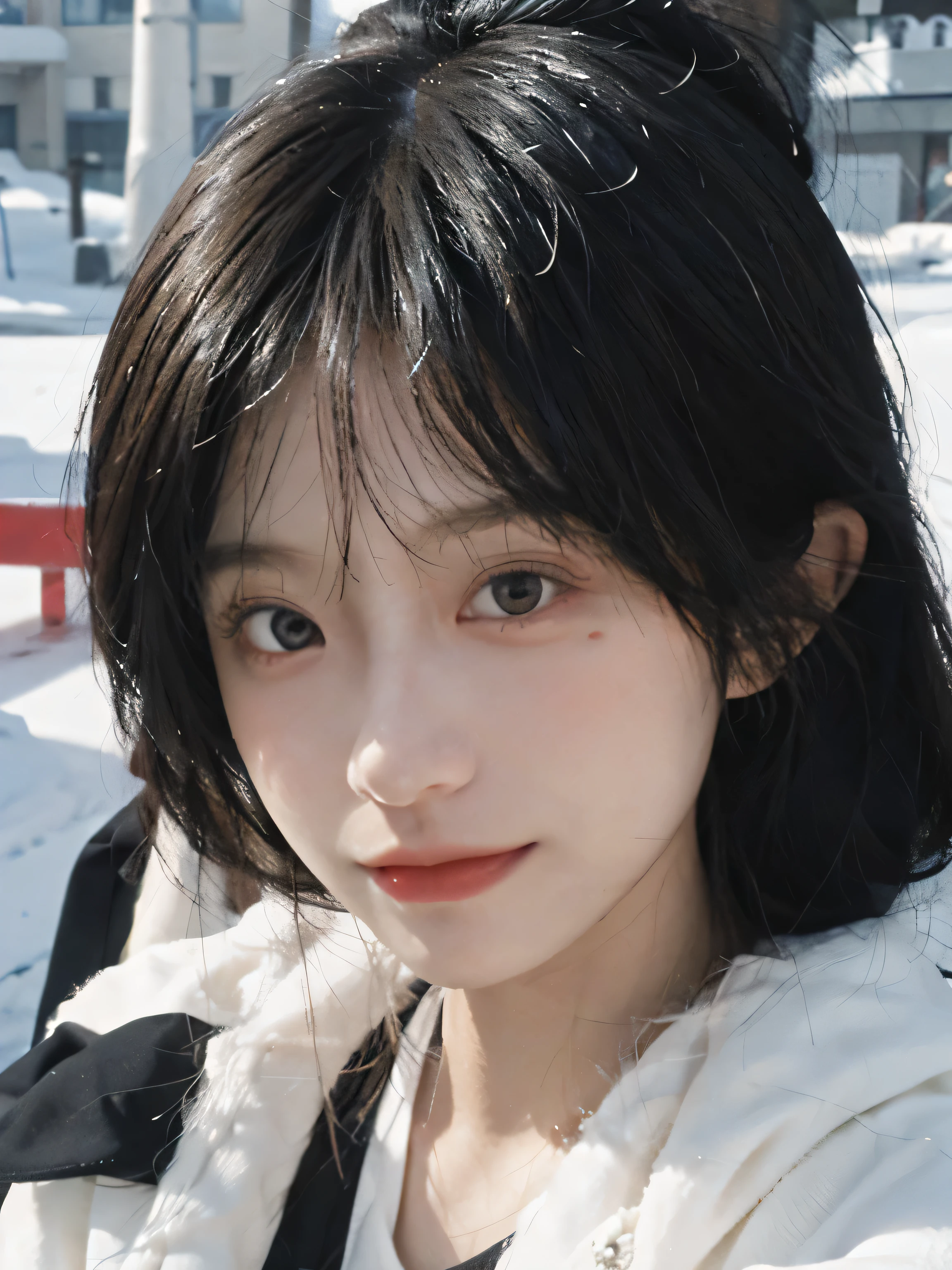 best quality, ultra high resolution, White background,(realistically:1.4), girl, A pair of eyes as clear as snow,Royal sister,Black long straight, looking at the audience, close up ,