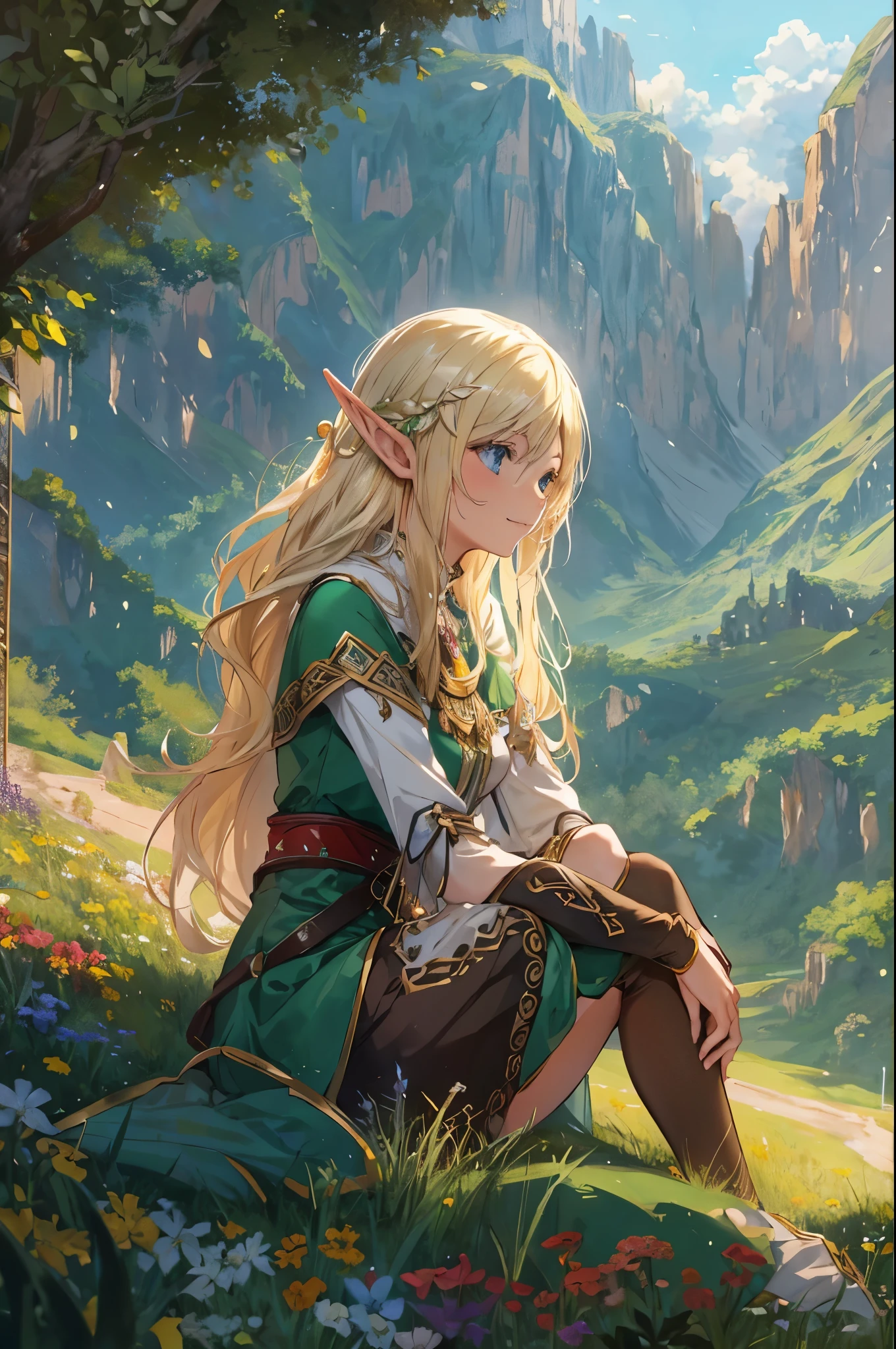 Fantasy art of a 20-year-old elf sitting on a grassy mountaintop, with an innocent expression and a distant smile. She has long blonde hair, pointed ears, a slender figure with a , and her body glows under the sunlight. She is wearing noble attire. The background features lush green flora, a clear blue sky, and majestic mountain ranges, with sunlight sparkling brightly. Cinematic composition, trending on Artstation
