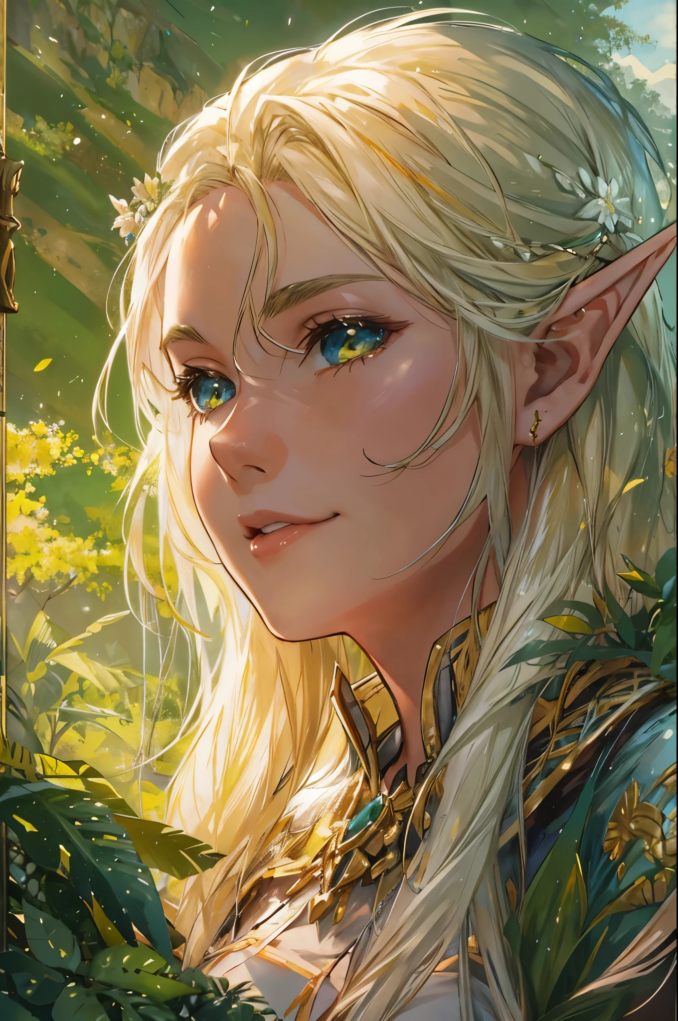 Fantasy art of a 20-year-old elf sitting on a grassy mountaintop, with an innocent expression and a distant smile. She has long blonde hair, pointed ears, a slender figure with a , and her body glows under the sunlight. She is wearing noble attire. The background features lush green flora, a clear blue sky, and majestic mountain ranges, with sunlight sparkling brightly. Cinematic composition, trending on Artstation