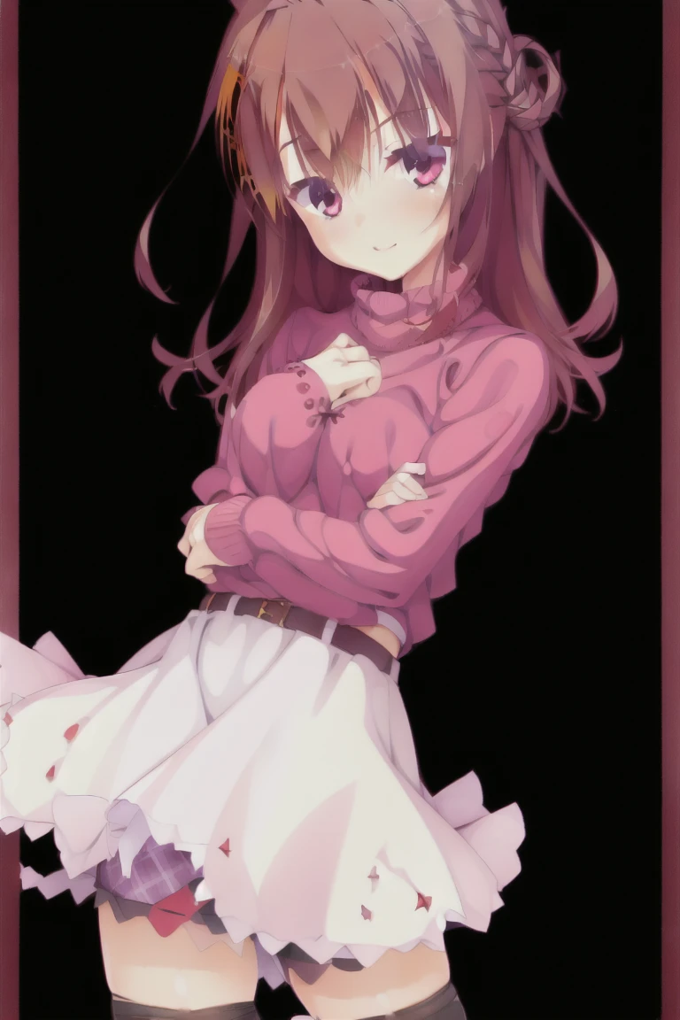 1girl,solo,smiling,red_eyes,Mesh knit, pink knit, miniskirt, plaid skirt, stockings, pantyhose, full_body,Bedroom,expensive_solve, clear_image, expensive_Contrast, 8k, Sparkling, beautiful_detailed_face_and_eye, (Reddish brown hair:1.25), 白 eye,Black background