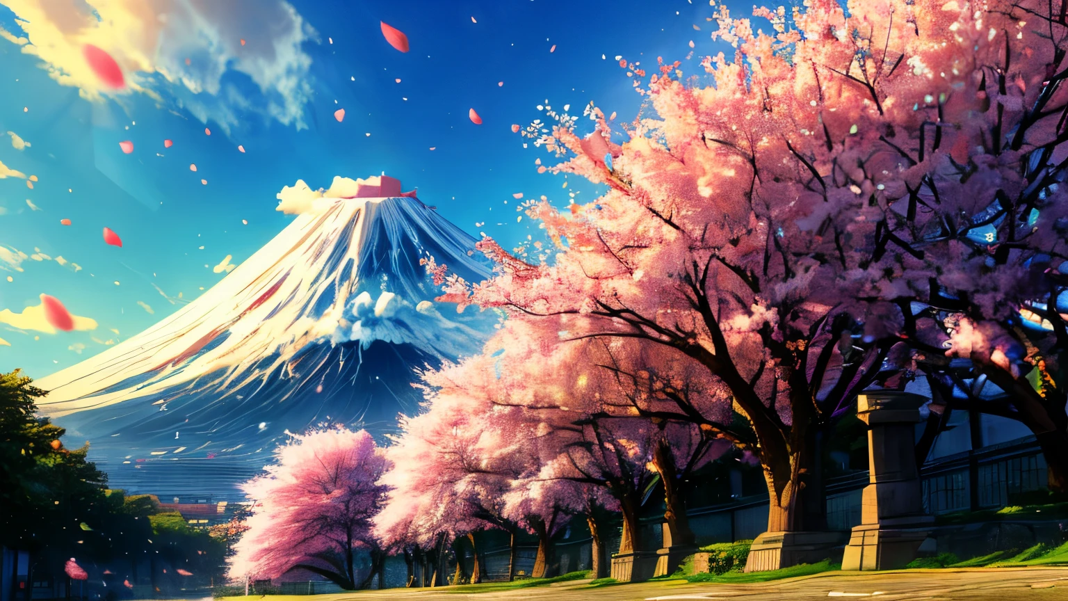 Fuji in the back of the center, lined with cherry blossom trees of someiyoshino cherry trees in pale pink, with petals dancing in the wind, creating a gentle and soft natural beauty, and a large park with an open view in the front of the center.
