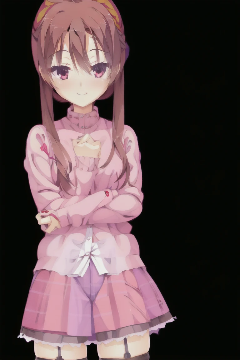 1girl,solo,smiling,red_eyes,Mesh knit, pink knit, miniskirt, plaid skirt, stockings, pantyhose, full_body,Bedroom,expensive_solve, clear_image, expensive_Contrast, 8k, Sparkling, beautiful_detailed_face_and_eye, (Reddish brown hair:1.25), 白 eye,Black background