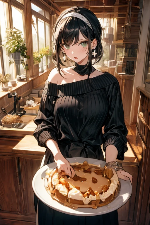 (small breasts:1.3), (perky chest:1.1), (pointed chest:1.0), (Pudding cake magazine cover:1.3),(from above:1.0),(from side:0.9),masterpiece, 1girl, Amazing Cleavage:1.1, thin waist, big ass, Raised sexy, small breast: 1.3, posed cleavage:1.2、solo, looking at viewer, open mouth, have a cute grass of cute beergrass,black hair, dark green eyes, dress, bare shoulders, jewelry, collarbone, sidelocks, hairband, earrings, indoors, off shoulder, :o, sweater, arms behind back, plant, short hair with long locks, gild hairband, off-shoulder dress, sweater dress, off-shoulder sweater, red sweater, dark gord hair, big side hair, very long side hair,is rendered in (masterpiece: 1.2, best quality), with (ultra high resolution) and an exquisite (depth of field). This masterpiece is not only visually stunning but also tells,A scene of cooking in the kitchen by classroom