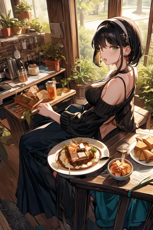 (small breasts:1.3), (perky chest:1.1), (pointed chest:1.0), (Pudding cake magazine cover:1.3)，(from above:1.0),(from side:0.9),masterpiece, 1girl, Amazing Cleavage:1.1, thin waist, big ass, Raised sexy, small breast: 1.3, posed cleavage:1.2、solo, looking at viewer, open mouth, have a cute grass of cute beergrass,black hair, dark green eyes, dress, bare shoulders, jewelry, collarbone, sidelocks, hairband, earrings, indoors, off shoulder, :o, sweater, arms behind back, plant, short hair with long locks, gild hairband, off-shoulder dress, sweater dress, off-shoulder sweater, red sweater, dark gord hair, big side hair, very long side hair,is rendered in (masterpiece: 1.2, best quality), with (ultra high resolution) and an exquisite (depth of field). This masterpiece is not only visually stunning but also tells,A scene of cooking in the kitchen by classroom
