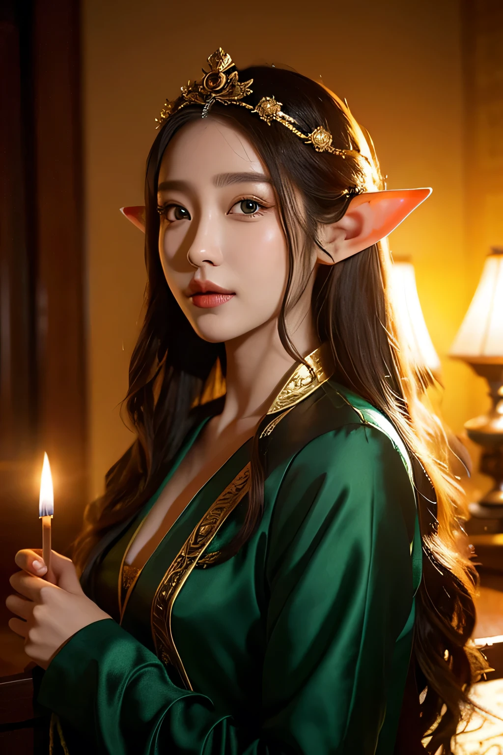 Elf，Close-up of blond Elf, Princess Elf, She has Elf ears and golden eyes, Elf princess, Elf, 金发Elf Queen, side portrait of Elf royalty, Elf Queen, beautiful Elf princess, Elf character with smirk, Fantasy stills, (((crazy))) Princess Elf, Elf Girl
