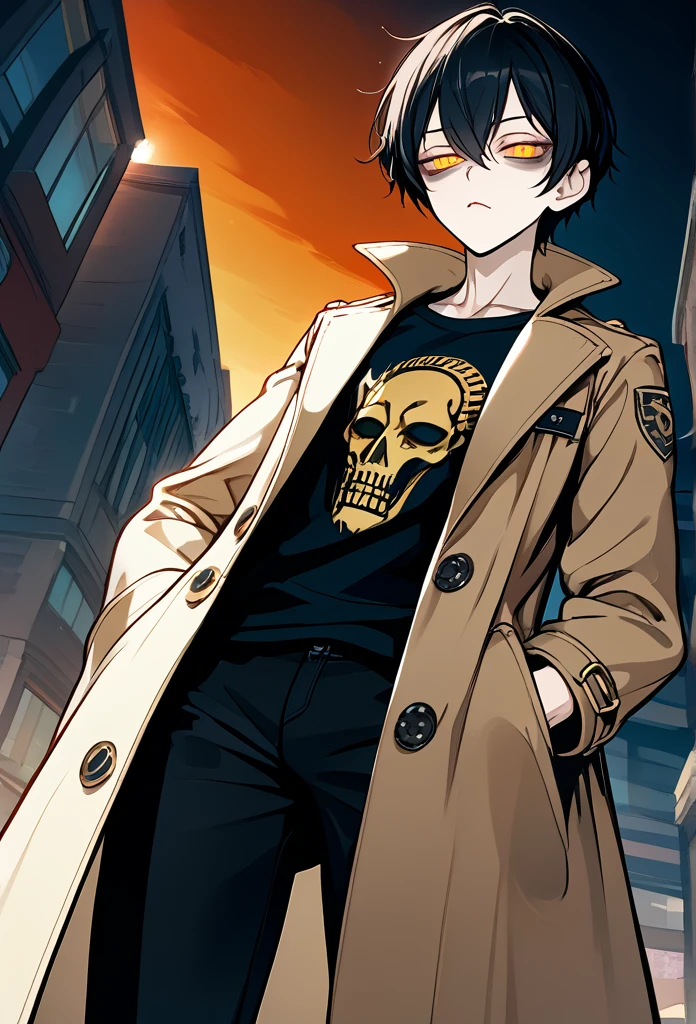 adult male, silver fox, (slick back hairstyle, short hair, black hair), (golden eyes, insomnia eyes, bags under eyes, sleepy eyes, sleep deprived), (toned face, sunken cheeks, wide jaw), closely trimmed beard, tall, fit body smug face, cocky expression, (golden eyes, side eyeing viewer), (long trench coat, black t-shirt, black pants), hands in trench coat, below view, sidewalk, morning, cowboy shot