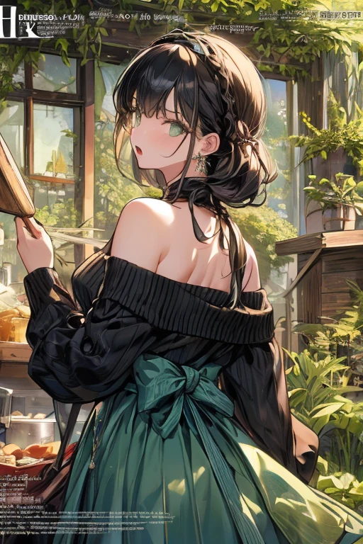 (small breasts:1.3), (perky chest:1.1), (pointed chest:1.0), (fashion magazine cover:1.3),(from below:1.0),(from side:0.9),masterpiece, 1girl, Amazing Cleavage:1.1, thin waist, big ass, Raised sexy, small breast: 1.3, posed cleavage:1.2、solo, looking at viewer, open mouth, have a cute grass of cute beergrass,black hair, dark green eyes, dress, bare shoulders, jewelry, collarbone, sidelocks, hairband, earrings, indoors, off shoulder, :o, sweater, arms behind back, plant, short hair with long locks, gild hairband, off-shoulder dress, sweater dress, off-shoulder sweater, red sweater, dark gord hair, big side hair, very long side hair,is rendered in (masterpiece: 1.2, best quality), with (ultra high resolution) and an exquisite (depth of field). This masterpiece is not only visually stunning but also tells,A scene of cooking in the kitchen by classroom