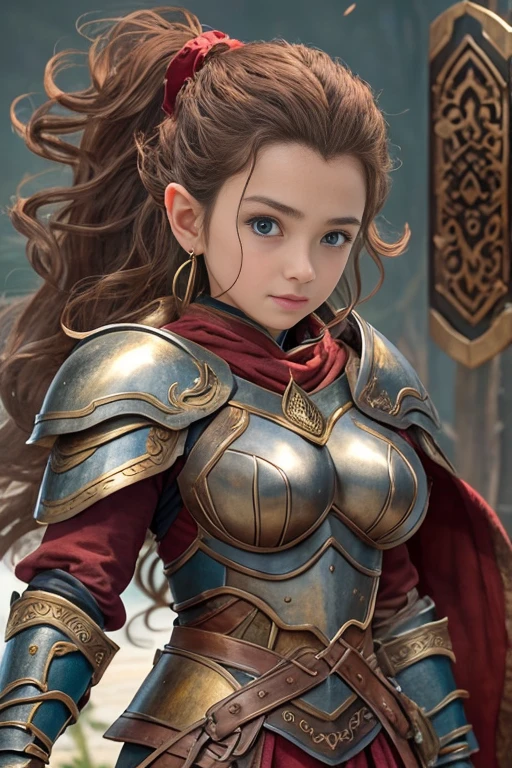 8k,Masterpiece、The Lord of the Rings、The Hobbit、１People Women、成People Women、Brown curly hair、Sensual look、Blue Eyes、Sensual lips、Large Breasts（K-Cup）、Curved waist、Big Ass、Wears red hard leather armor、Her chest is visible through the armor.、