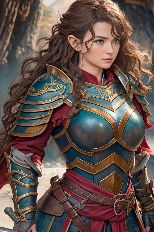 8k,Masterpiece、The Lord of the Rings、The Hobbit、１People Women、成People Women、Brown curly hair、Sensual look、Blue Eyes、Sensual lips、Large Breasts（K-Cup）、Curved waist、Big Ass、Wears red hard leather armor、Her chest is visible through the armor.、