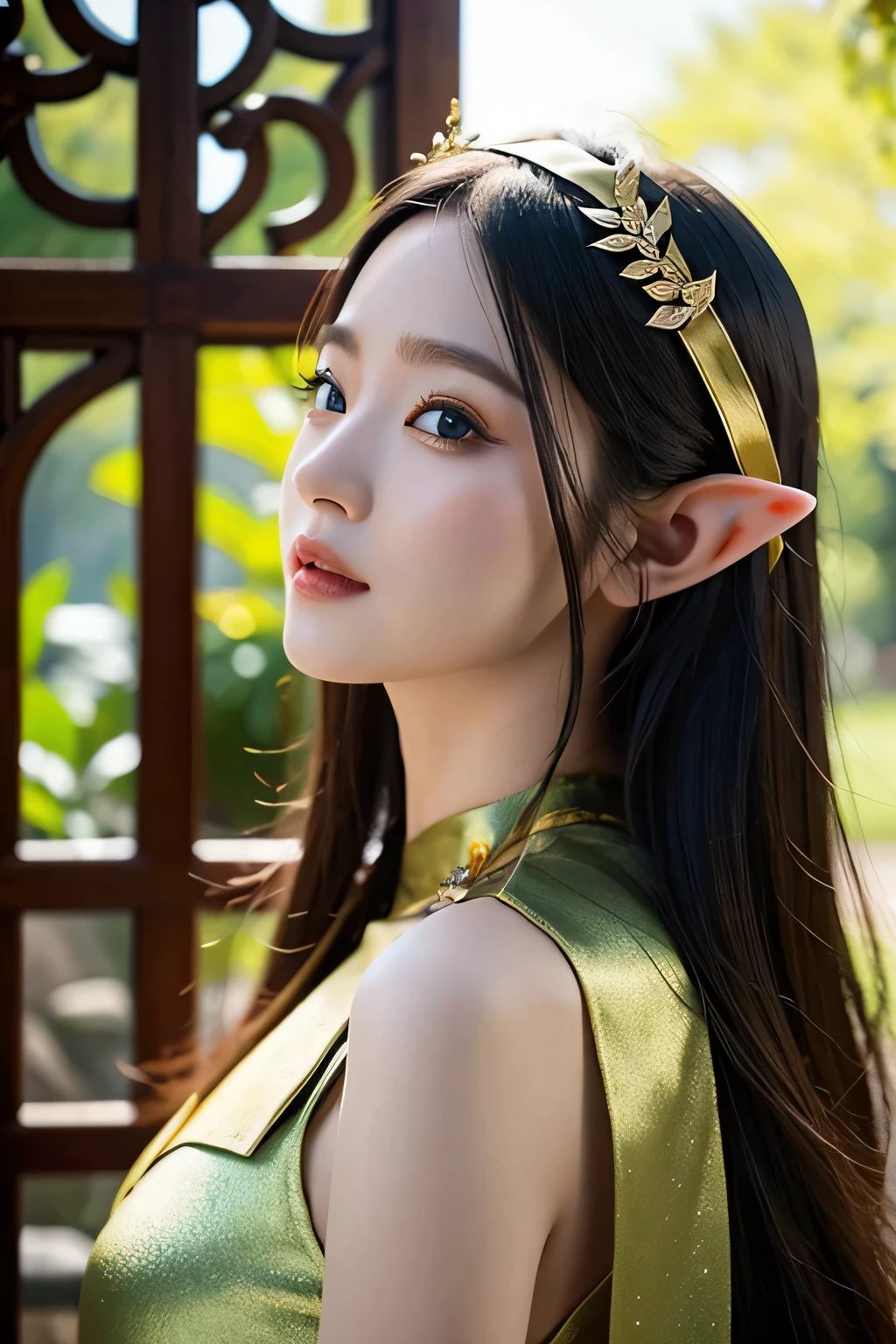 Elf,Close-up of blond Elf, Princess Elf, She has Elf ears and golden eyes, Elf princess, Elf, 金发Elf Queen, side portrait of Elf royalty, Elf Queen, beautiful Elf princess, Elf character with smirk, Fantasy stills, (((crazy))) Princess Elf, Elf Girl