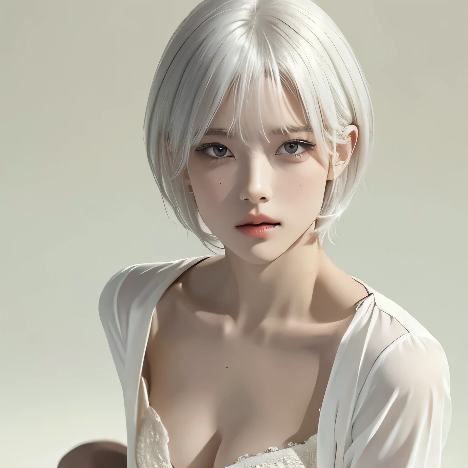 White hair, girl made of melted chocolate, upper body, thighs, girl, single, chest, looking at the audience, short hair, bangs, simple background, medium chest, sitting, closed mouth, white hair, lips, brown background, chocolate, realism