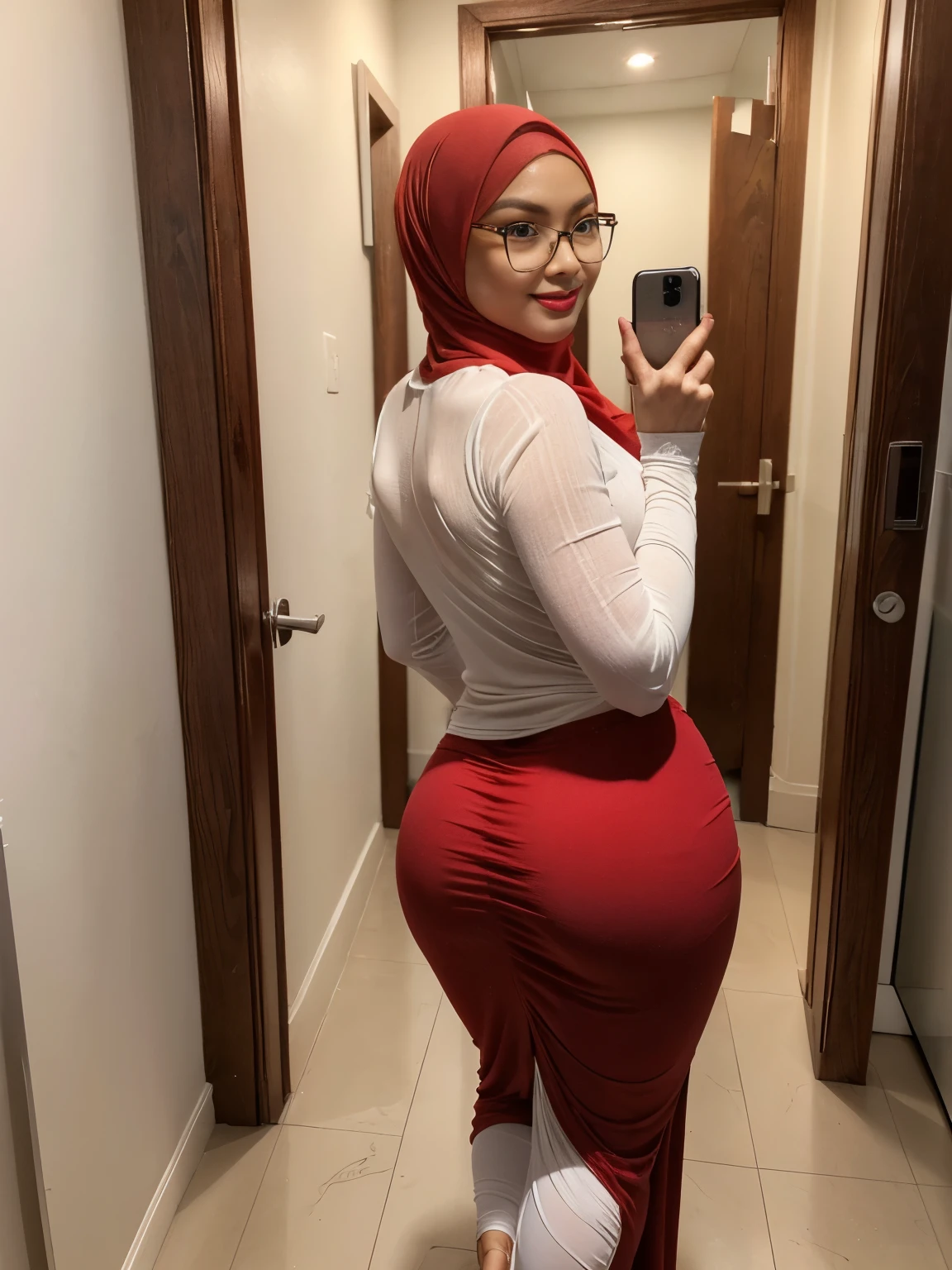 (double exposure),back view,(full body photo), A gorgeous matured teacher standing behind wooden door showing her ass to viewer,wooden door,wall,((35 year old)), ((malay women)), curvy fit body shape, bigger ass, huge thighs, (red hijab),wearing ((fitted white long sleeves baju kurung)), smirk,pov, solo, single, (SFW), texture, ultra high res, RAW, instagram LUT, masterpiece, best quality, ultra-detailed, ultra high resolution, RAW, 4k, (looking at viewer), extremely detailed eyes and face, (beautiful detailed nose), (beautiful detailed thigh), (beautiful detailed eyes), perfect body proportion, (looking at viewer),smirk, red lips, (she wear glasses)