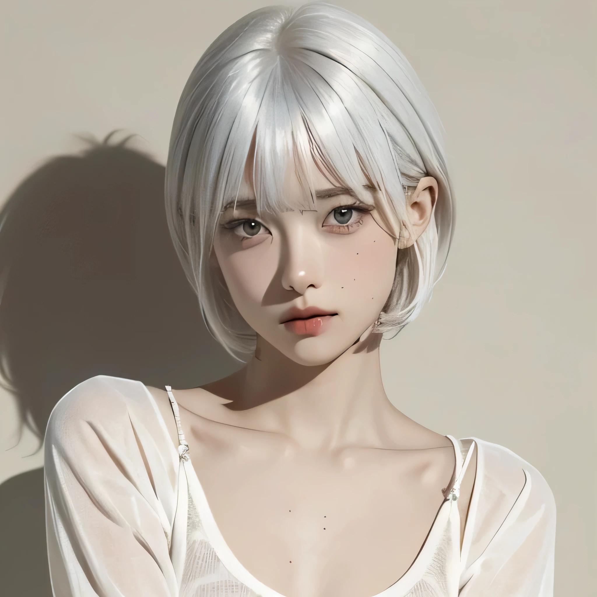 White hair, girl made of melted chocolate, upper body, thighs, girl, single, chest, looking at the audience, short hair, bangs, simple background, medium chest, sitting, closed mouth, white hair, lips, brown background, chocolate, realism