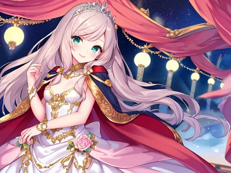 (kawaii),(best quality),(ultra detailed),(rococo style),(long train pastel pink cape:1.15), very long cape,(long train white ball gown with flower decorations:1.1), a girl is wearing a cape over her gown, 1 little princess, tiara, smile, very long hair, small breasts, beautiful detailed eyes, beautiful detailed lips, looking at viewer