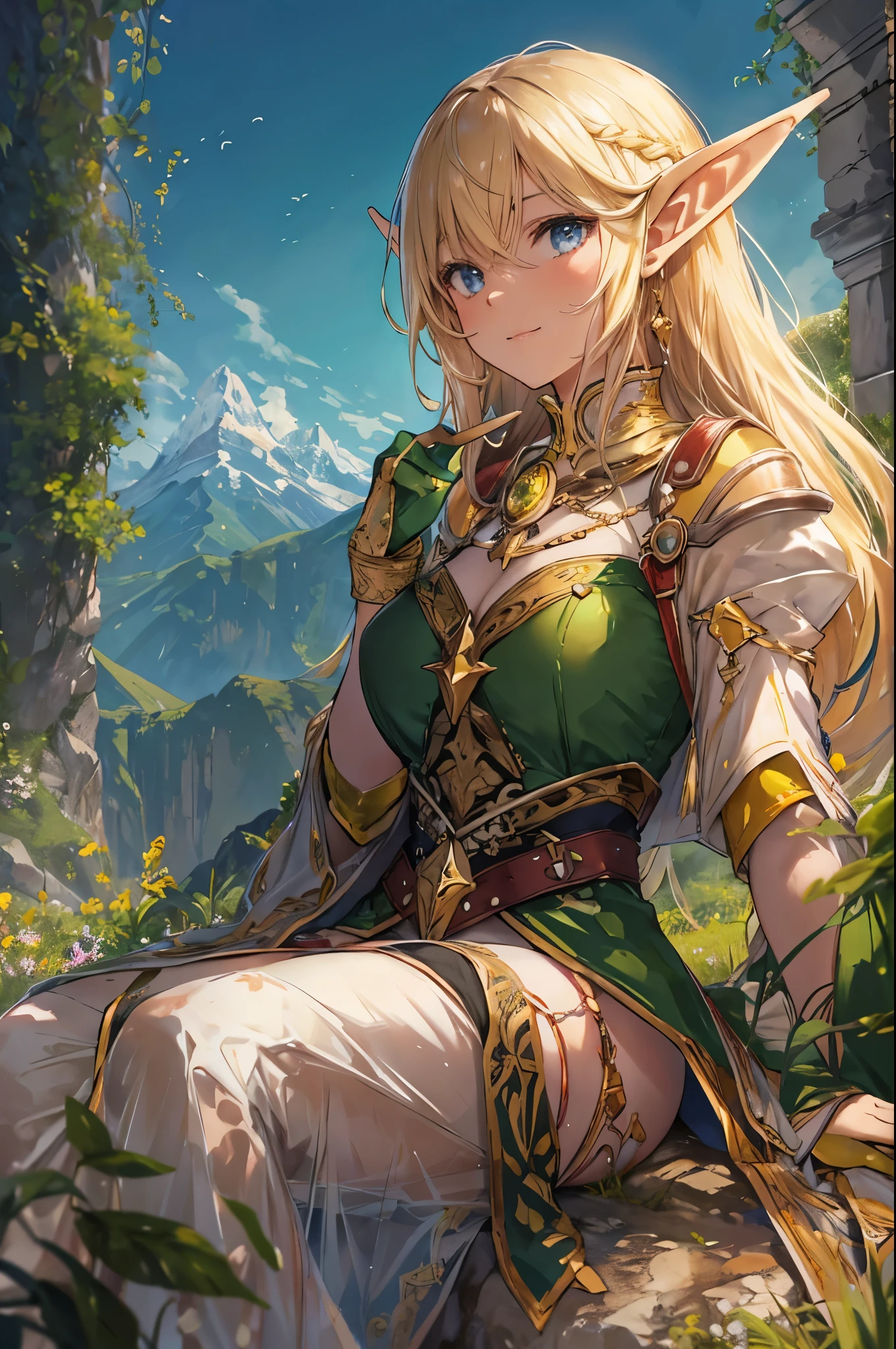 Fantasy art of a 20-year-old elf sitting on a grassy mountaintop, with an innocent expression and a distant smile. She has long blonde hair, pointed ears, a slender figure with a , and her body glows under the sunlight. She is wearing noble attire. The background features lush green flora, a clear blue sky, and majestic mountain ranges, with sunlight sparkling brightly. Cinematic composition, trending on Artstation