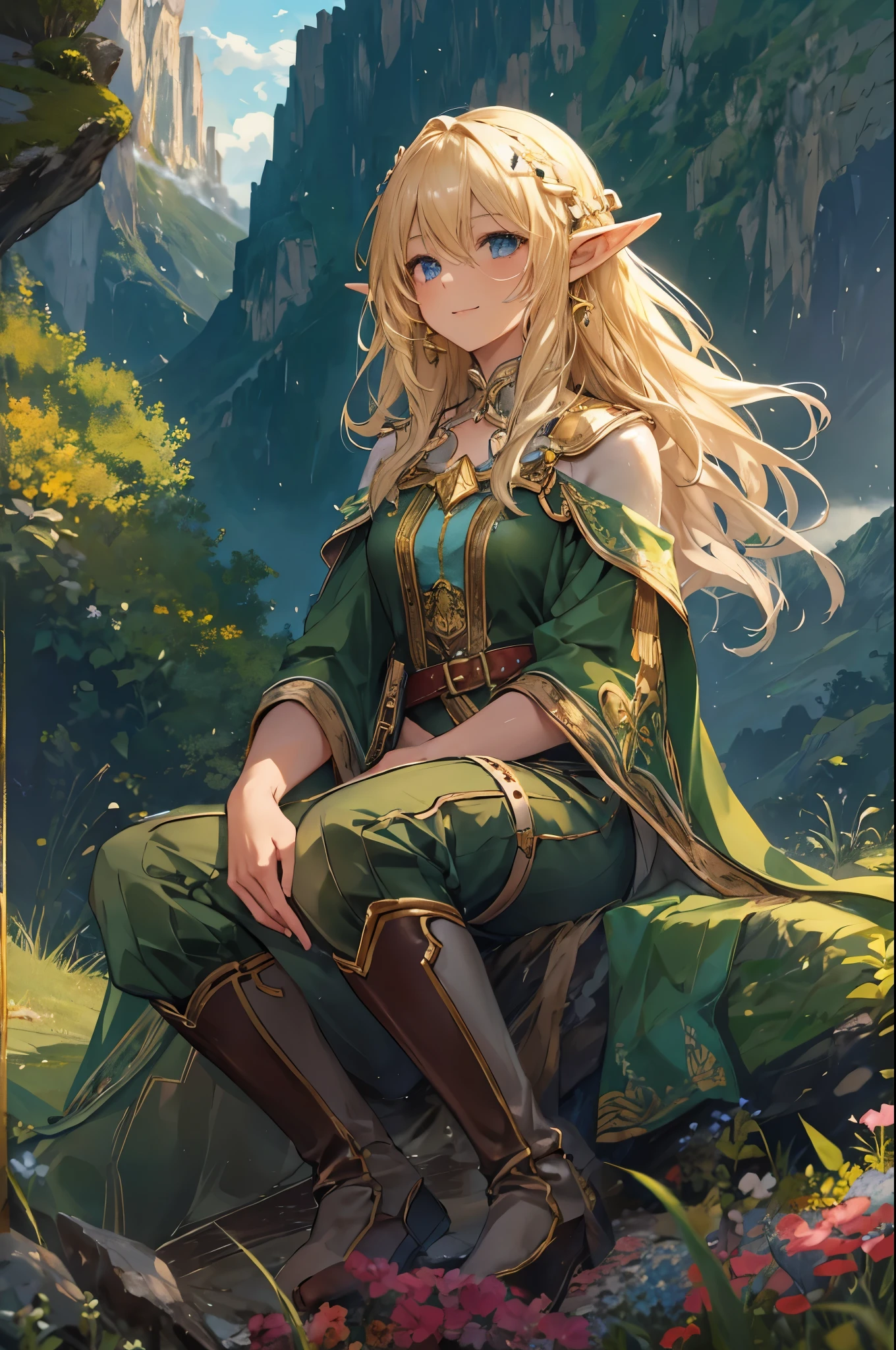 Fantasy art of a 20-year-old elf sitting on a grassy mountaintop, with an innocent expression and a distant smile. She has long blonde hair, pointed ears, a slender figure with a , and her body glows under the sunlight. She is wearing noble attire. The background features lush green flora, a clear blue sky, and majestic mountain ranges, with sunlight sparkling brightly. Cinematic composition, trending on Artstation