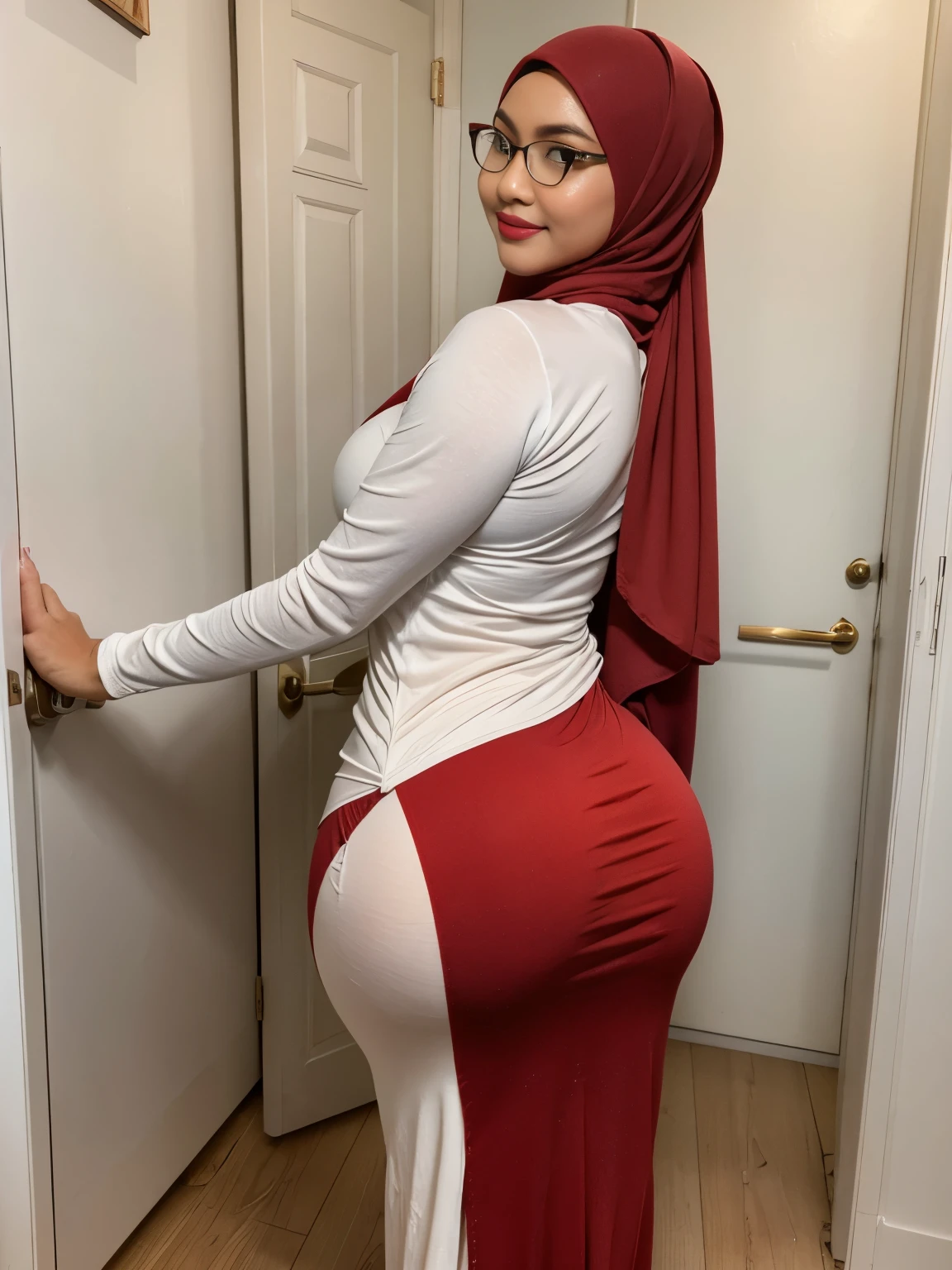 (double exposure),back view,(full body), A gorgeous matured teacher (stood behind wooden door posing her ass to viewer),wooden door,wall,((35 year old)), ((malay women)), curvy fit body shape, bigger ass, huge thighs, (red hijab),wearing ((fitted white long sleeves baju kurung)), smirk,pov, solo, single, (SFW), texture, ultra high res, RAW, instagram LUT, masterpiece, best quality, ultra-detailed, ultra high resolution, RAW, 4k, (looking at viewer), extremely detailed eyes and face, (beautiful detailed nose), (beautiful detailed thigh), (beautiful detailed eyes), perfect body proportion, (looking at viewer),smirk, red lips, (she wear glasses)