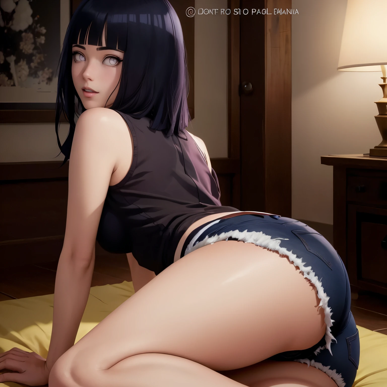 Japanese woman with black bob hair and thong on all fours from behind、Momonogi Kana