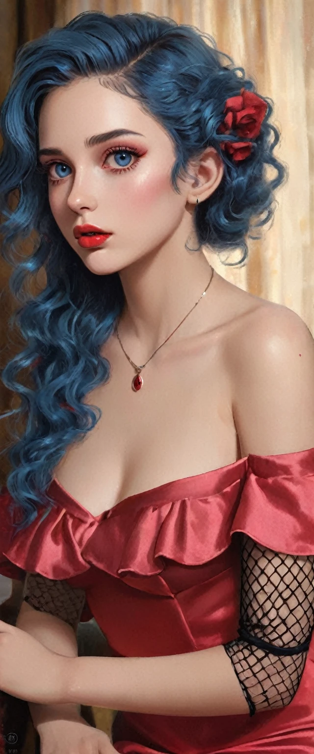 (Whole body: 1.5), (masterpiece, professional lighting, 16k, 8k wallpaper, raw photo, photorealistic: 1.8, ultra detailed, soft natural lighting, detailed skin, detailed face, detailed eyes, textured skin), (ultra realistic)) Photo, masterpiece, superior quality, (ultra-detailed face and eyes: 1.0),(large breast: 1.4), (25-year-old woman), (1beautiful girl), (((((intense eye makeup, pink mascara)), ((detailed fake lips), (with shiny lipstick and well-defined eyes), (wavy blue hair), (elegant hairstyle)), Photo, masterpiece, top quality, (ultra detailed face and eyes: 1.0), (25 year old woman), (1beautiful girl), (thick eye makeup, pink mascara),braided high heels, necklace, glamorous accessories, (a woman in a red dress standing in a room, wearing an elegant dress, wearing a red dress, wearing a cocktail dress, red short dress, elegant dress, wearing red dress, stylish dress, short dress, wearing dresses, girl wears a red dress, elegant red dress, red dress, romantic dress, soft silk dress, maroon red, wearing dress),Short cut women's evening dress. A knot to tie on the front, at the waistline. cross-over V-neck; Long-sleeved formal dress that tightens at the wrists.