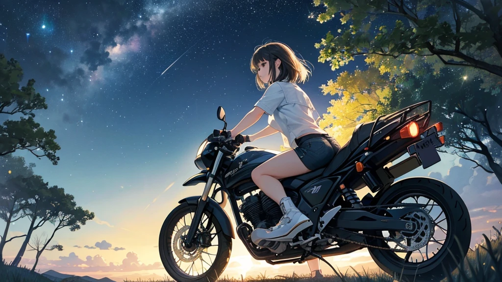 (highest quality),(masterpiece),(Super detailed)Beautiful girl riding a motorcycle、Wearing shorts、Back view、Japan anime、Starry Sky、nature、Starry Sky、Viewed from a low angle、Light clothing、countryside、summer、Light clothing、Moonlit Night、in the forest,Dark Background、