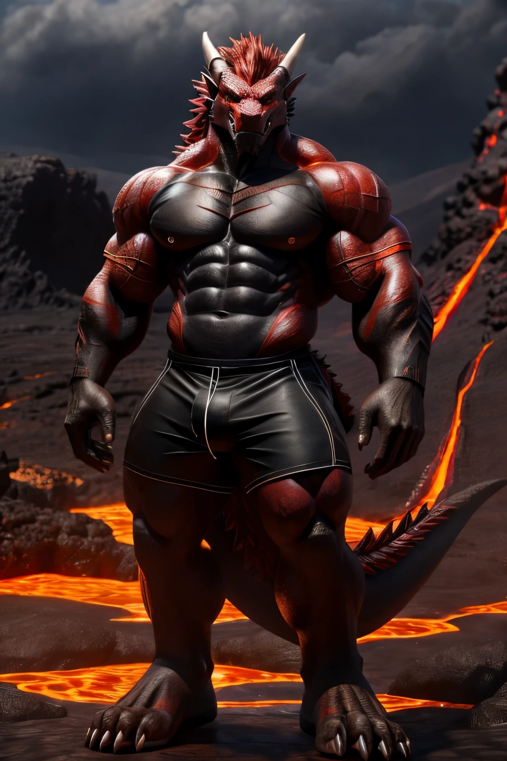 Solo, Anthro, Furry, Male, Red and Black Dragon, Full body, Very Muscular, Bara, Big, Buff, Very Big, Very Tall, Giant Sized, Long Red Hair, Looking at viewer, Wearing Black Shorts, Detailed clothes, Detailed Face, Lava, Volcano Background,(masterpiece, high quality,hi-res,8k had), High Resolution, High Detail)