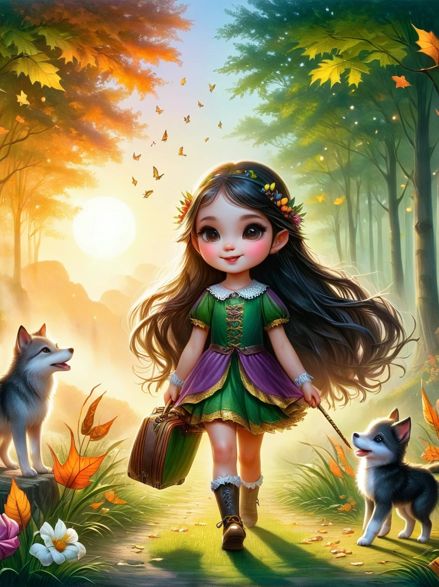 1hbgd1, 1girl, (Elf Magician:1.5)，Magic energy gathers in the palm of your hand, Autumn braids and cape flying in the wind, The delicate leaf-shaped armor shimmers in the mysterious forest mist behind her, A wolf stood firmly beside her, Prepare for an adventure, Dynamic fantasy scenery, Radiant lighting, (The work should transition from the black and white pencil drawing style on the left half to the bright colors on the right half, ensuring that the two halves blend seamlessly without any dividing lines. Shown with detailed black and white pencil strokes on the left and filled color on the right, creating a harmonious blend throughout the image)