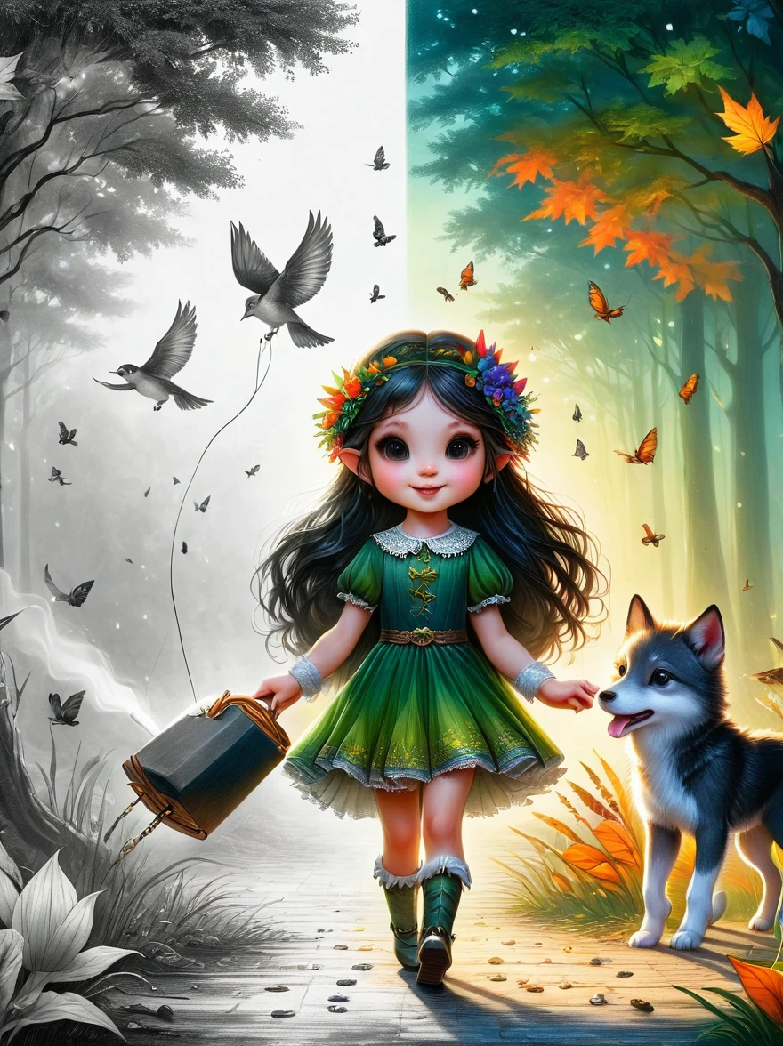 1hbgd1, 1girl, (Elf Magician:1.5)，Magic energy gathers in the palm of your hand, Autumn braids and cape flying in the wind, The delicate leaf-shaped armor shimmers in the mysterious forest mist behind her, A wolf stood firmly beside her, Prepare for an adventure, Dynamic fantasy scenery, Radiant lighting, (The work should transition from the black and white pencil drawing style on the left half to the bright colors on the right half, ensuring that the two halves blend seamlessly without any dividing lines. Shown with detailed black and white pencil strokes on the left and filled color on the right, creating a harmonious blend throughout the image)