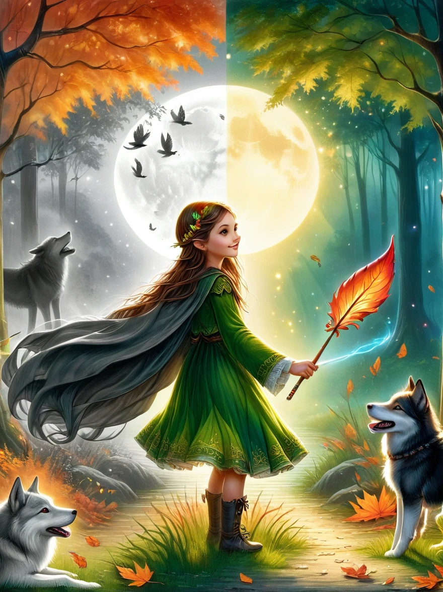 1hbgd1, 1girl, (Elf Magician:1.5)，Magic energy gathers in the palm of your hand, Autumn braids and cape flying in the wind, The delicate leaf-shaped armor shimmers in the mysterious forest mist behind her, A wolf stood firmly beside her, Prepare for an adventure, Dynamic fantasy scenery, Radiant lighting, (The work should transition from the black and white pencil drawing style on the left half to the bright colors on the right half, ensuring that the two halves blend seamlessly without any dividing lines. Shown with detailed black and white pencil strokes on the left and filled color on the right, creating a harmonious blend throughout the image)