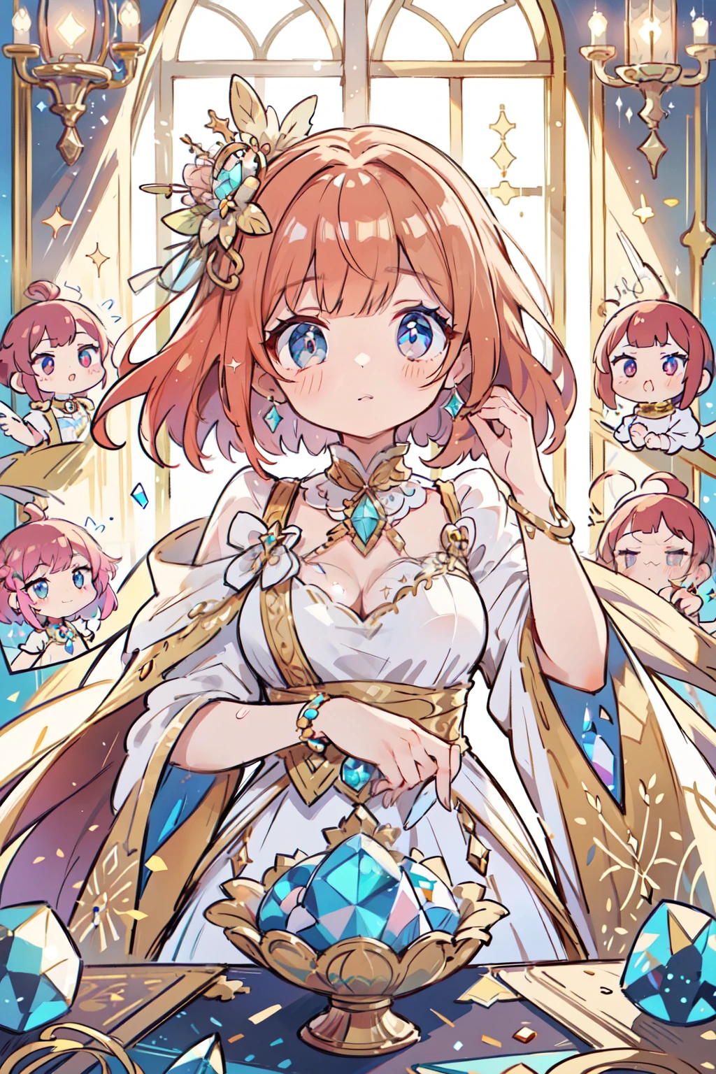 A beautiful woman wearing ore crystals as ornaments is at the window of a beautiful palace made of marble. She has a beautiful face and shining eyes of vivid colors. She wears ornaments and a dress made of shining ore crystals like crystal. She is by the window of a hard but beautiful palace built of marble. Detailed drawing. Vivid colors. High image quality.