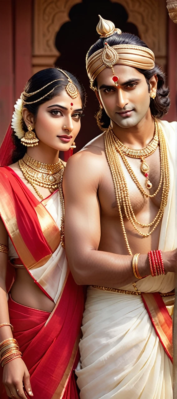 Beautiful couple of Mahabharat Arjun in white gold plated dhoti, bare upper body with ancient indian male jewelry, necklace with Subhadra of fair l, soothing, glass skin with golden glow in red saree and gold jewelry in romantic pose