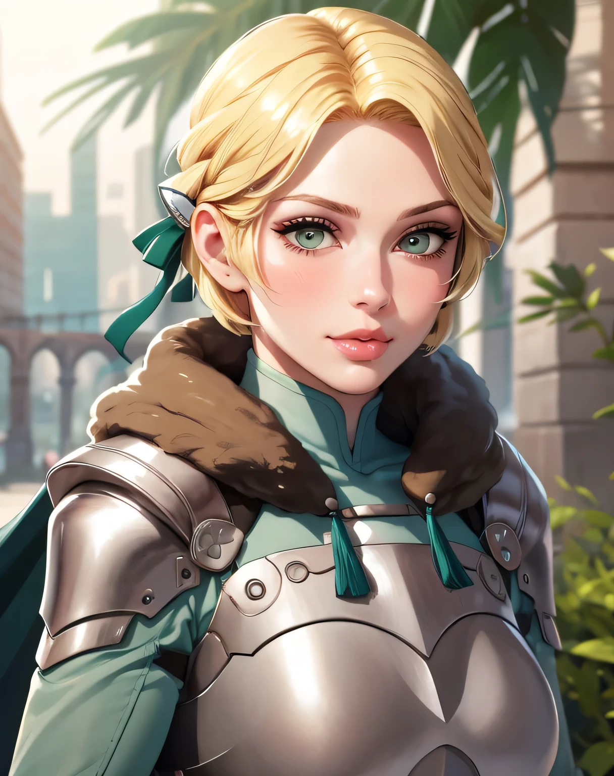 warIngrid, short hair, hair ribbons 2.0, hair accessories 2.0, shoulder armor, armor, breastplate, underbust, green coat, fur trim, vambraces, blue gloves, green cape 2.0, warIngrid(masterpiece, best quality, ultra-detailed), realistic style, very close up shot 2.0, garden 2.0, looking at viewer 2.0, blushing, face shot 2.0, perfect eyes, very sexy smile 2.0, very luscious lips 2.0, face shot 2.0, very heavy eyeshadow 2.0, very heavy makeup 2.0, round face, very thick lips 2.0, very glossy lips 2.0, very pouty lips 2.0, shiny skin, lustrous skin 2.0, incredibly pretty 2.0, incredibly beautiful 2.0, very athletic 2.0, fitness model 2.0, very sexy 2.0, perfect eyes, very sexy smile 2.0, very luscious lips 2.0, very heavy eyeshadow 2.0, very heavy makeup 2.0, round face, very thick lips 2.0, very glossy lips 2.0, very pouty lips 2.0, shiny skin, lustrous skin 2.0, very sexy 2.0, mature woman, very sexy 2.0, perfect eyes, very sexy smile 2.0, very luscious lips 2.0, very heavy eyeshadow 2.0, very heavy makeup 2.0, round face, very thick lips 2.0, very glossy lips 2.0, very pouty lips 2.0, shiny skin, lustrous skin 2.0, very sexy 2.0, incredibly pretty 2.0, incredibly beautiful 2.0, very luscious lips 2.0, very heavy eyeshadow 2.0, very heavy makeup 2.0, round face, very thick lips 2.0, very glossy lips 2.0, very pouty lips 2.0, shiny skin, lustrous skin 2.0, very plump lips 2.0, close up shot 2.0, supermodel face 2.0, older face 2.0, face shot 2.0