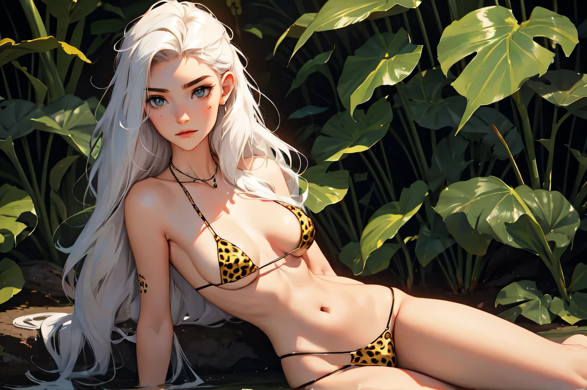 (lifelike, high - resolution:1.3), 1 girl with a perfect body,slender body, Super fine face and eyes,assasin, dark makeup, shiny skin,white hair, (jungle outfit, cheetah print micro bikini),Expose cleavage, bracelets, natural jewelry, a lot of necklaces, body chains, waist chains, girl laying down, 1 girl lying ddown